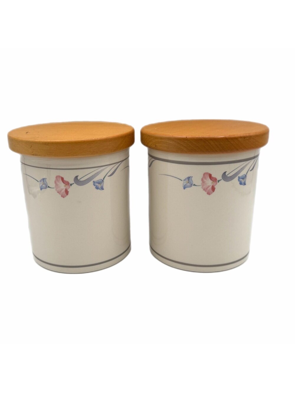 Set of 2 Vintage Lenox Glories on Grey Small Ceramic Jar Canisters w Wood Lids